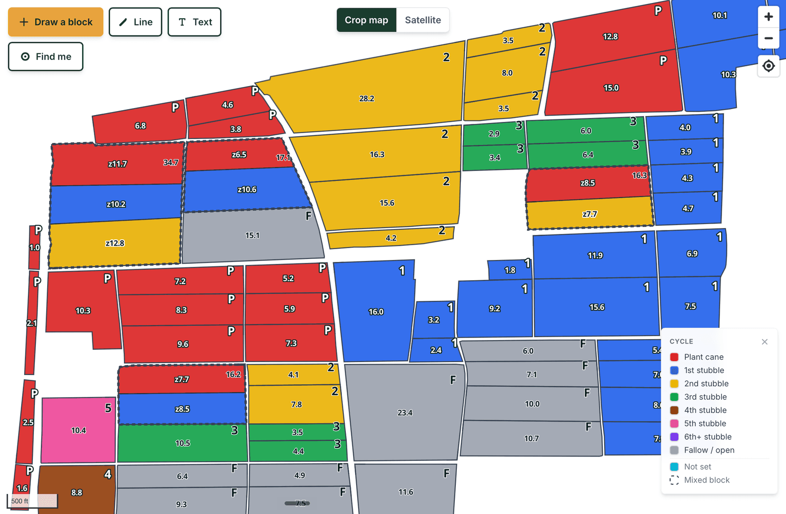 A Headland crop map with every block colored by its cut, from plant cane through stubble, and split blocks carrying more than one variety