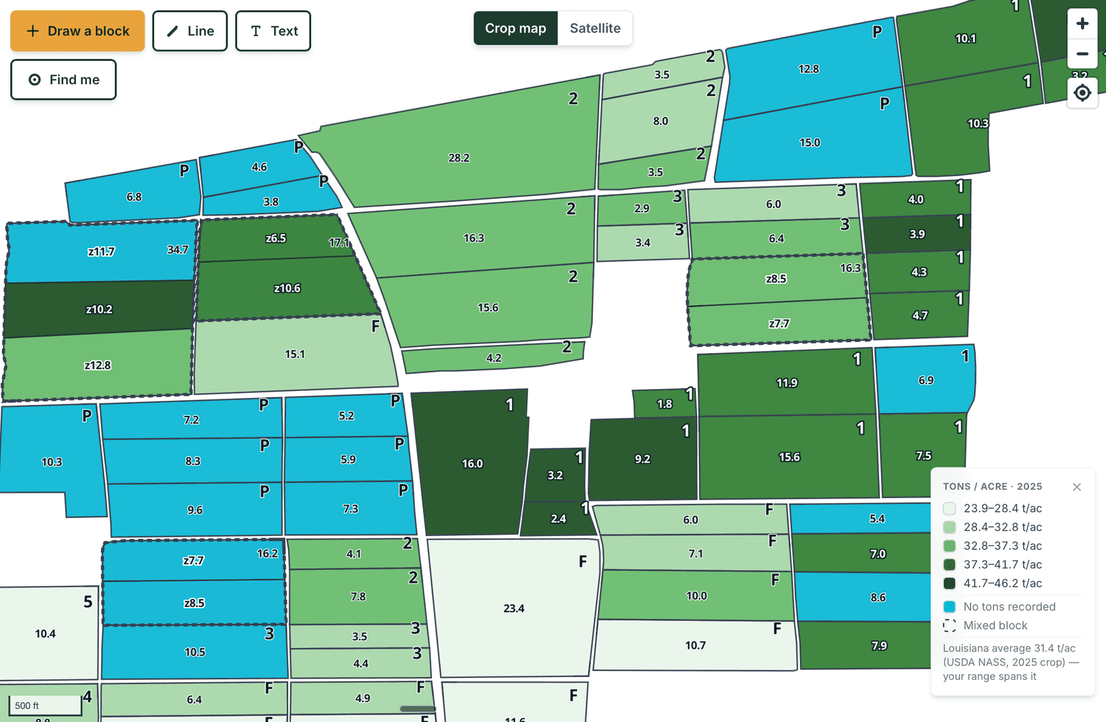 The same Headland farm colored by tons per acre, with a legend showing the range and the Louisiana state average